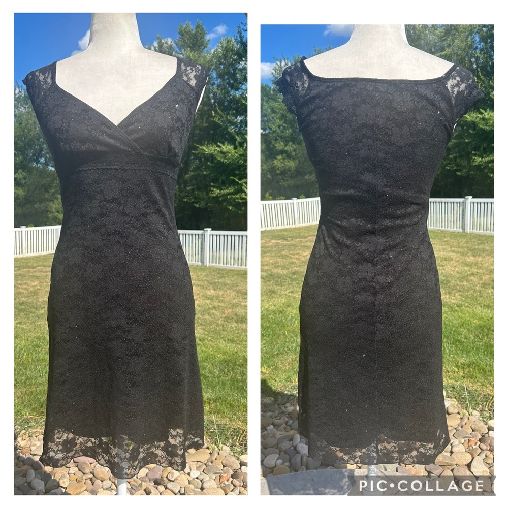 Vintage Y2K black glitter mesh lace empire waist surplice cap sleeve party dress
